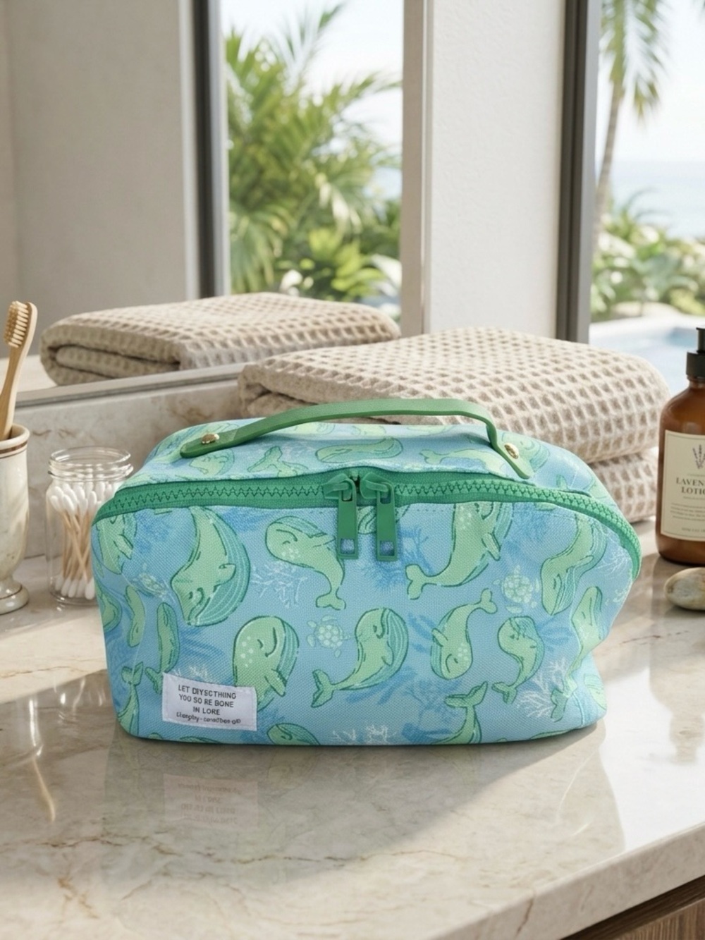 Simply Southern Whale Cosmo Bag Lay Flat Cosmetic Makeup Case Blue Green Travel
